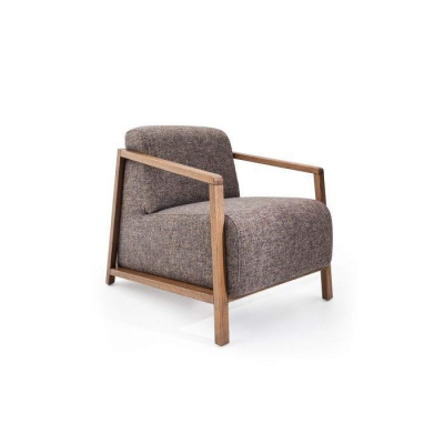 Stilīgs kompakts Mid-Century krēsls no koka un polsterēta auduma.