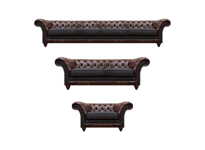 Brūngri Chesterfield dīvāns un krēsli, dzīvojamā istaba, komplektā iekļauti 3 gabali.