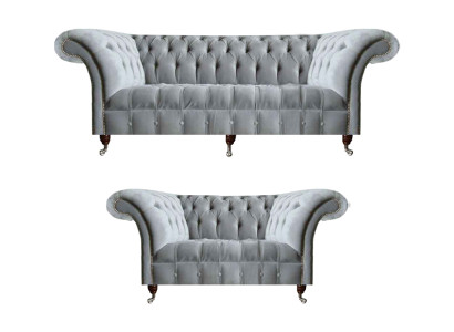 Chesterfield gaiši pelēka polsterēta dīvāna garnitūra, dizainera 2x auduma dīvāni 2 daļas