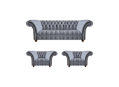 Chesterfield Gaiši pelēka dīvāngarnitūra Elegantais polsteris Trīsvietīgs dīvāns 2x krēsls